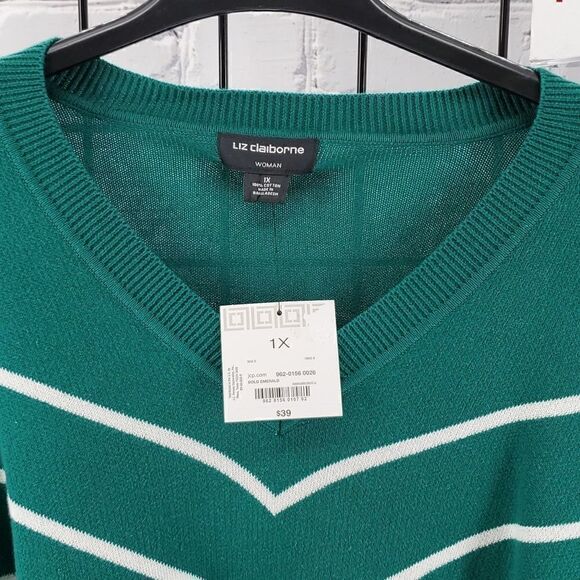 Sweater V Neck Green and White Liz Claiborne NWT - Picture 2 of 5